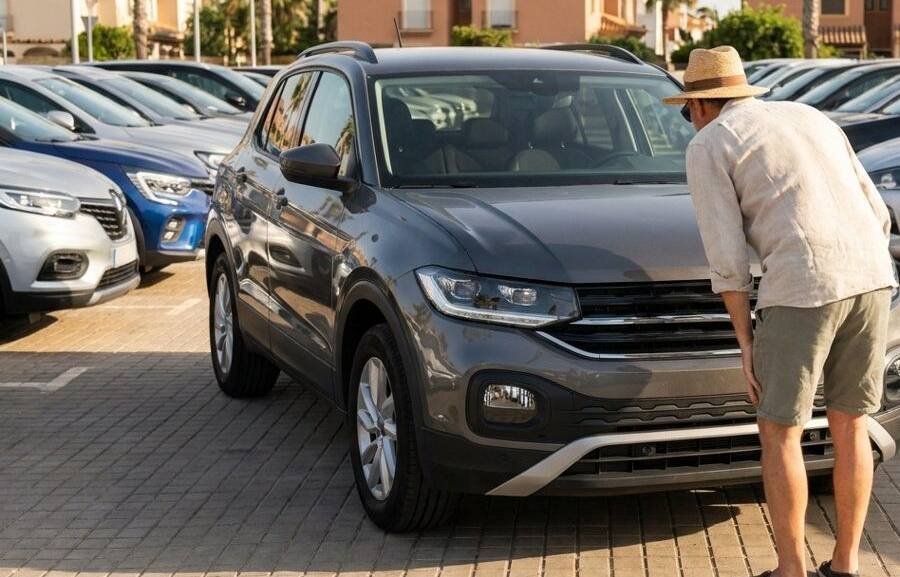 Cliente revisando un coche de segunda mano en un concesionario